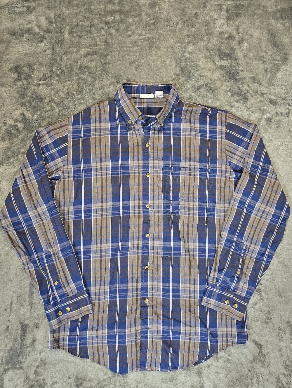 Vintage Saddlebrook Blue Brown Plaid Button Up Shirt Size Medium Fits Large